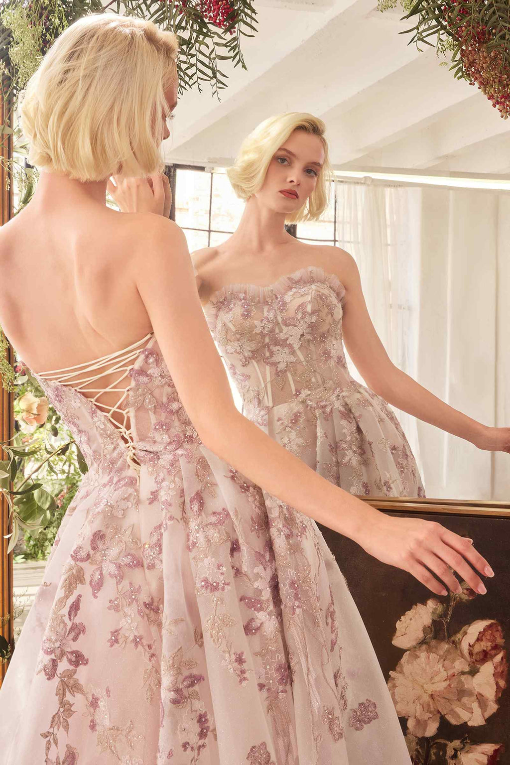 Mauve floral corset A-line gown with crisscross open-back straps and full skirt