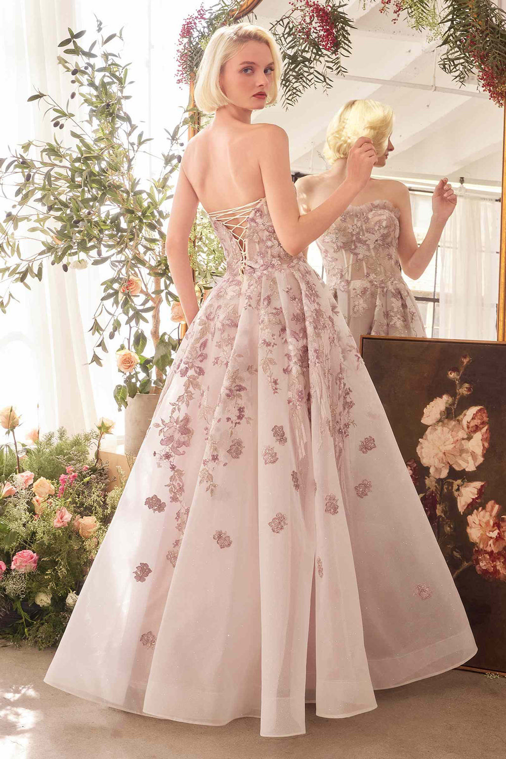 Mauve floral embroidered corset-style A-line gown with spaghetti straps and full skirt