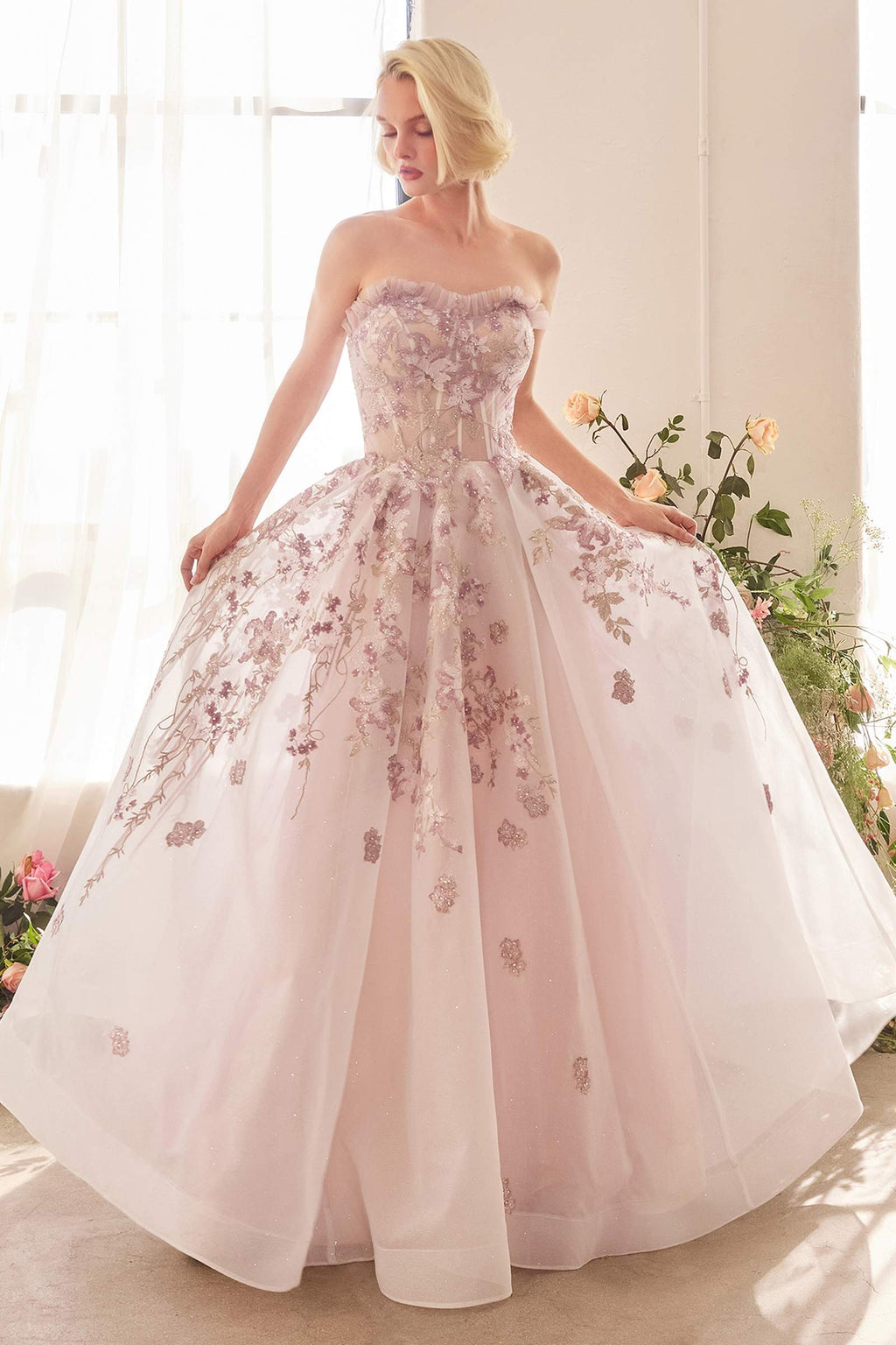 Mauve floral embroidered A-line corset gown with spaghetti straps and full skirt