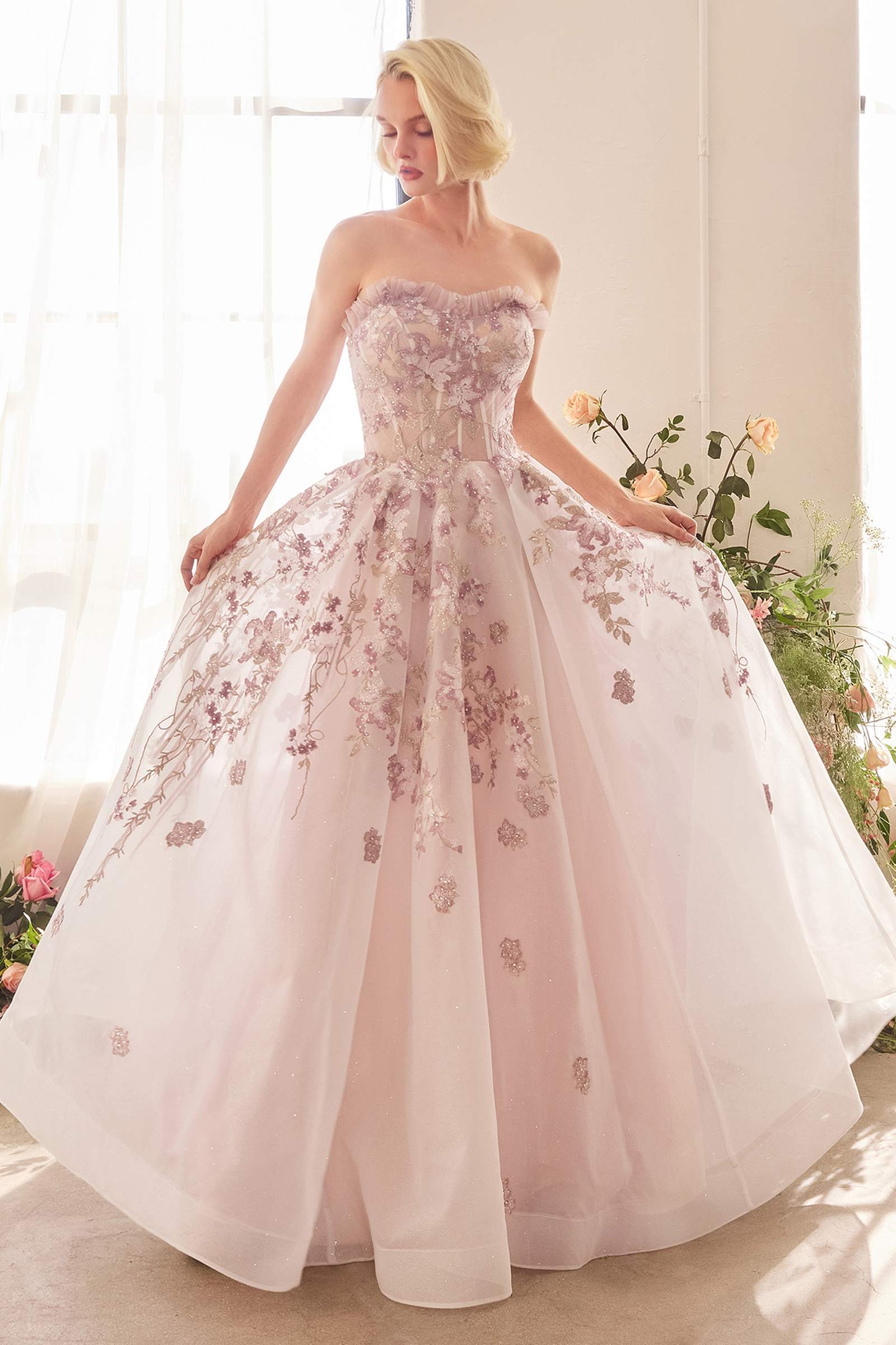 Mauve floral embroidered A-line corset gown with spaghetti straps and full skirt