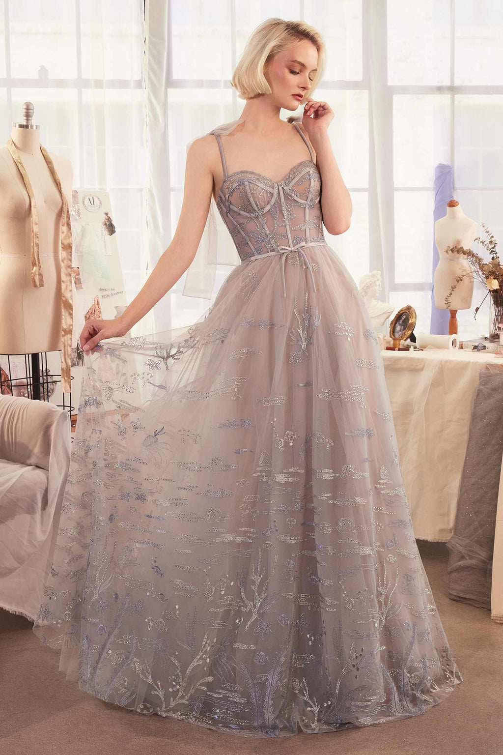 Silver A-line evening gown dress with embroidered bodice and flowing tulle skirt