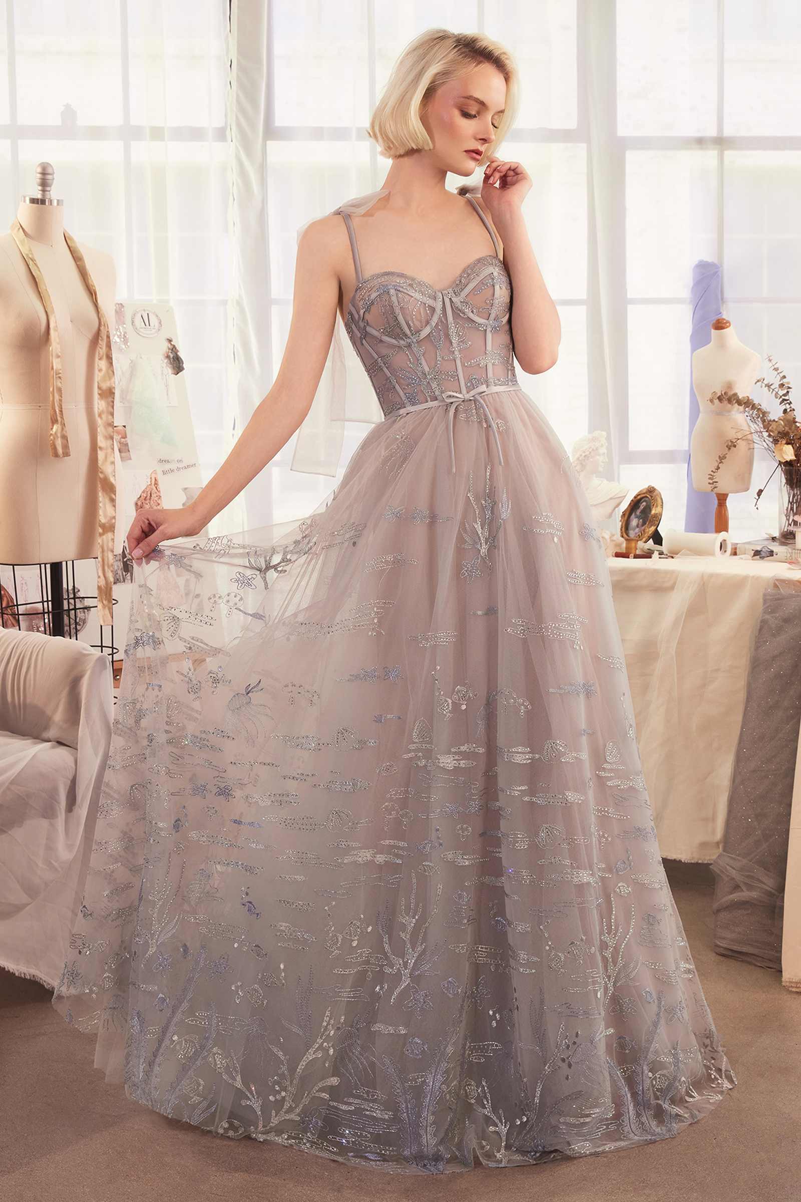 Silver A-line evening gown dress with embroidered bodice and flowing tulle skirt