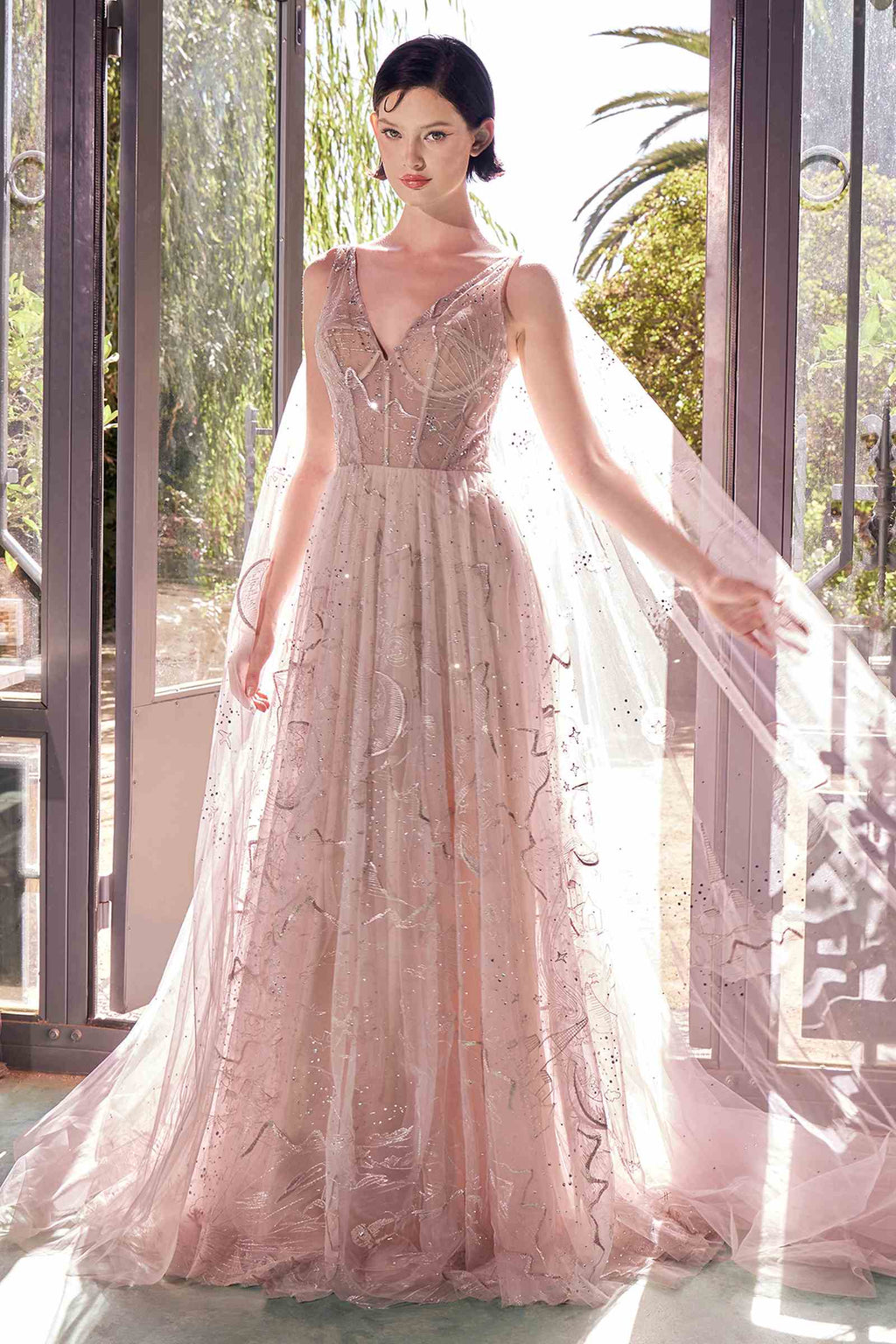 Nude sleeveless embroidered tulle ballgown with sheer flowing cape
