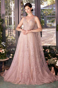 Nude embroidered tulle gown with V-neck and spaghetti straps, full skirt