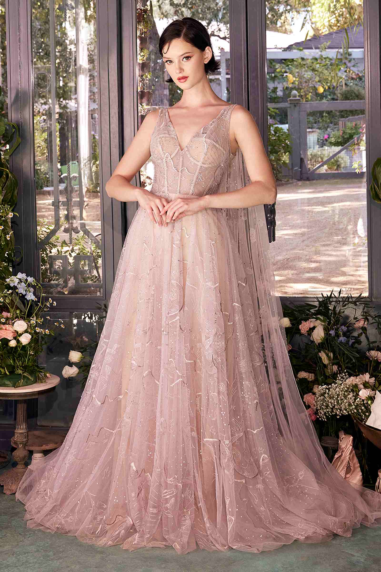 Nude embroidered tulle gown with V-neck and spaghetti straps, full skirt