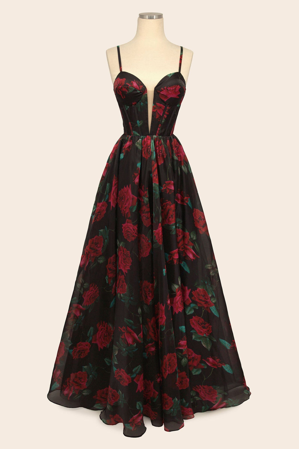 Black rose-print organza gown on mannequin, corset bodice and spaghetti straps