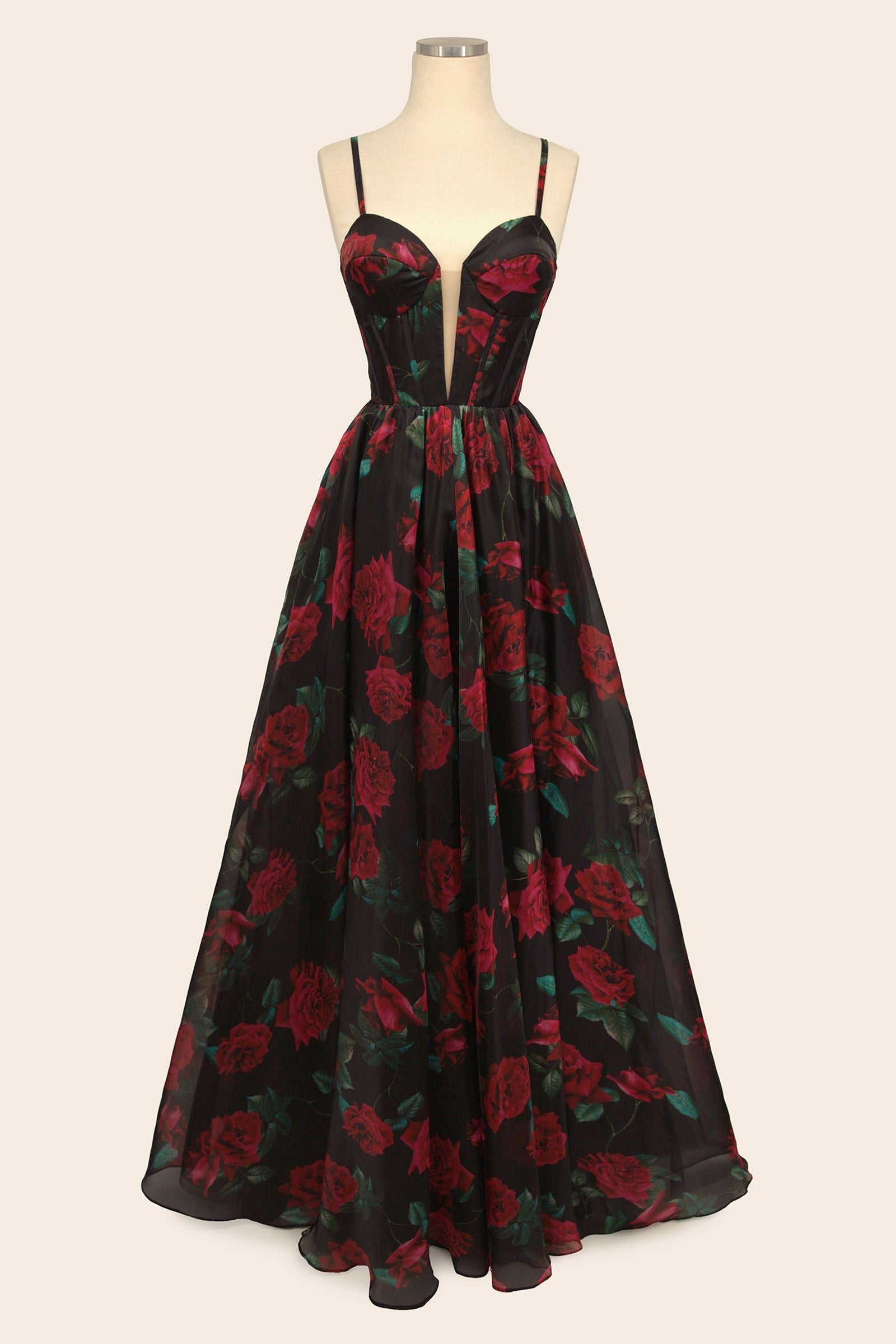Black rose-print organza gown on mannequin, corset bodice and spaghetti straps