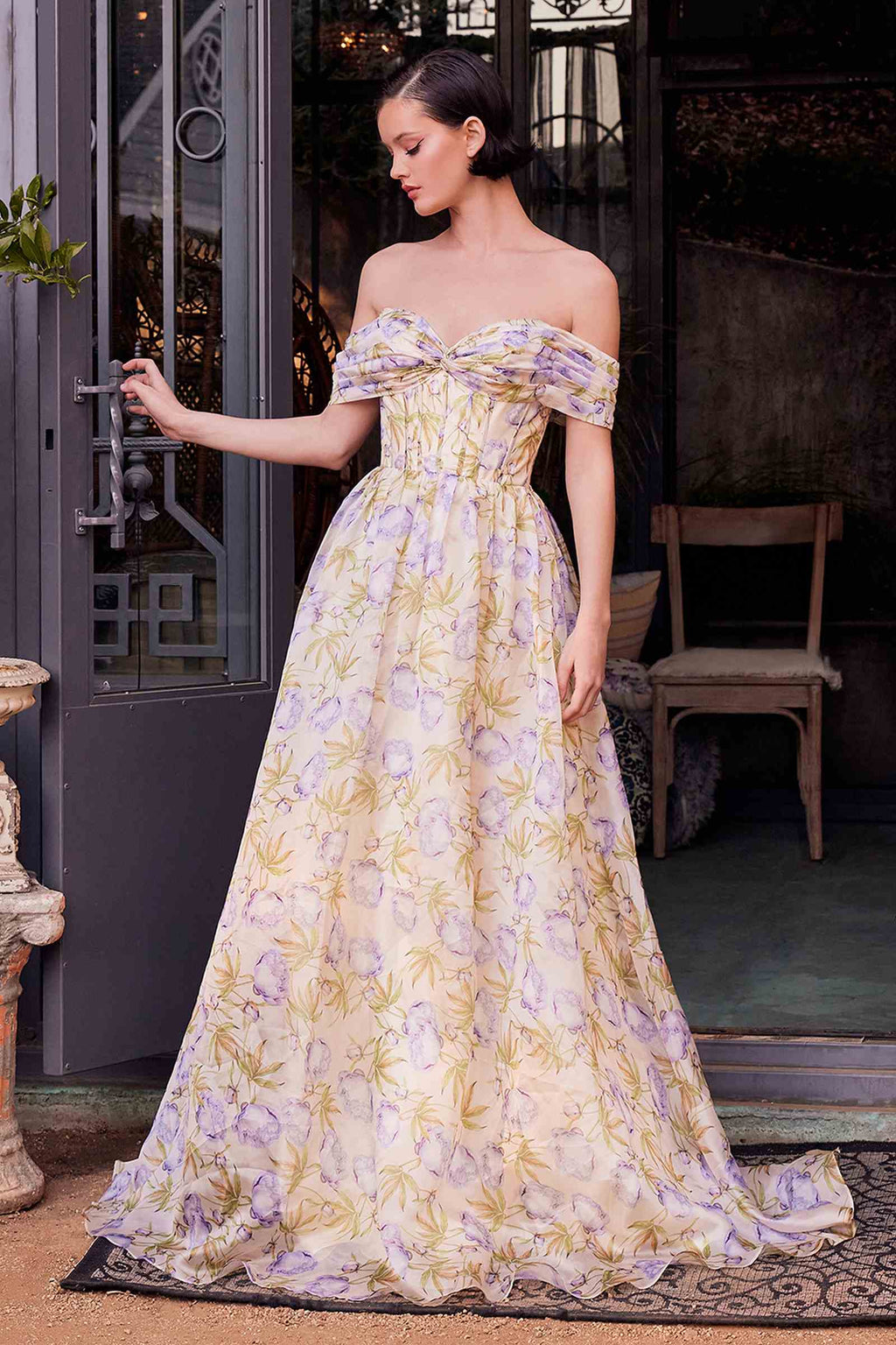 Yellow floral off-shoulder A-line maxi dress with ruched bodice and bow detail
