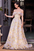 Yellow floral off-shoulder A-line maxi dress with ruched bodice and bow detail
