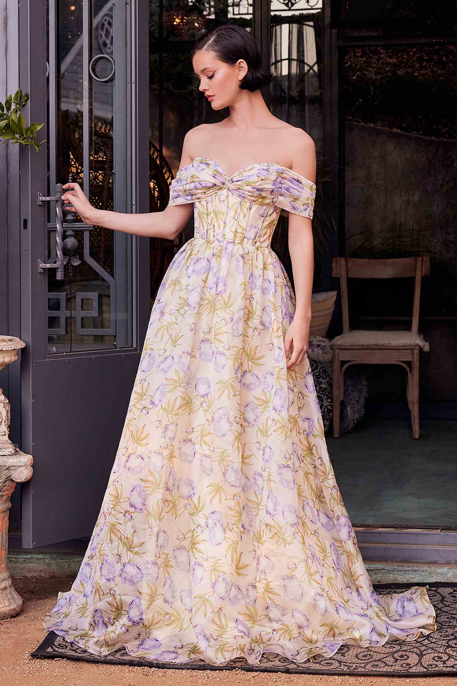 Yellow floral off-shoulder A-line maxi dress with ruched bodice and bow detail