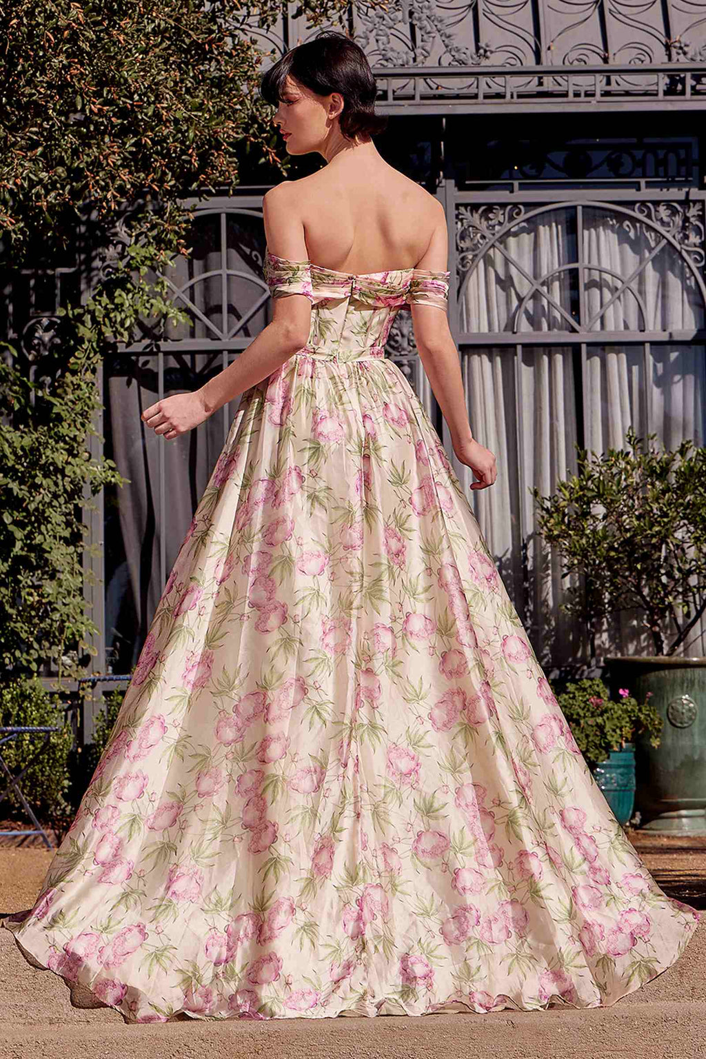 Pink floral off-shoulder A-line maxi dress, back view with gathered bodice