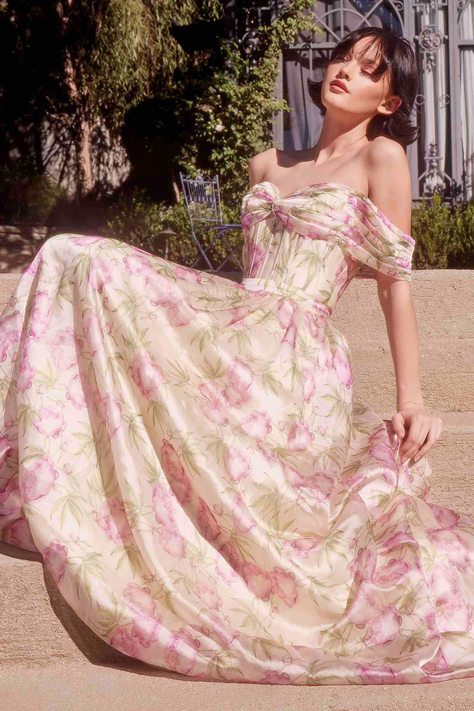 Pink floral off-shoulder A-line maxi dress with gathered neckline and twirl skirt