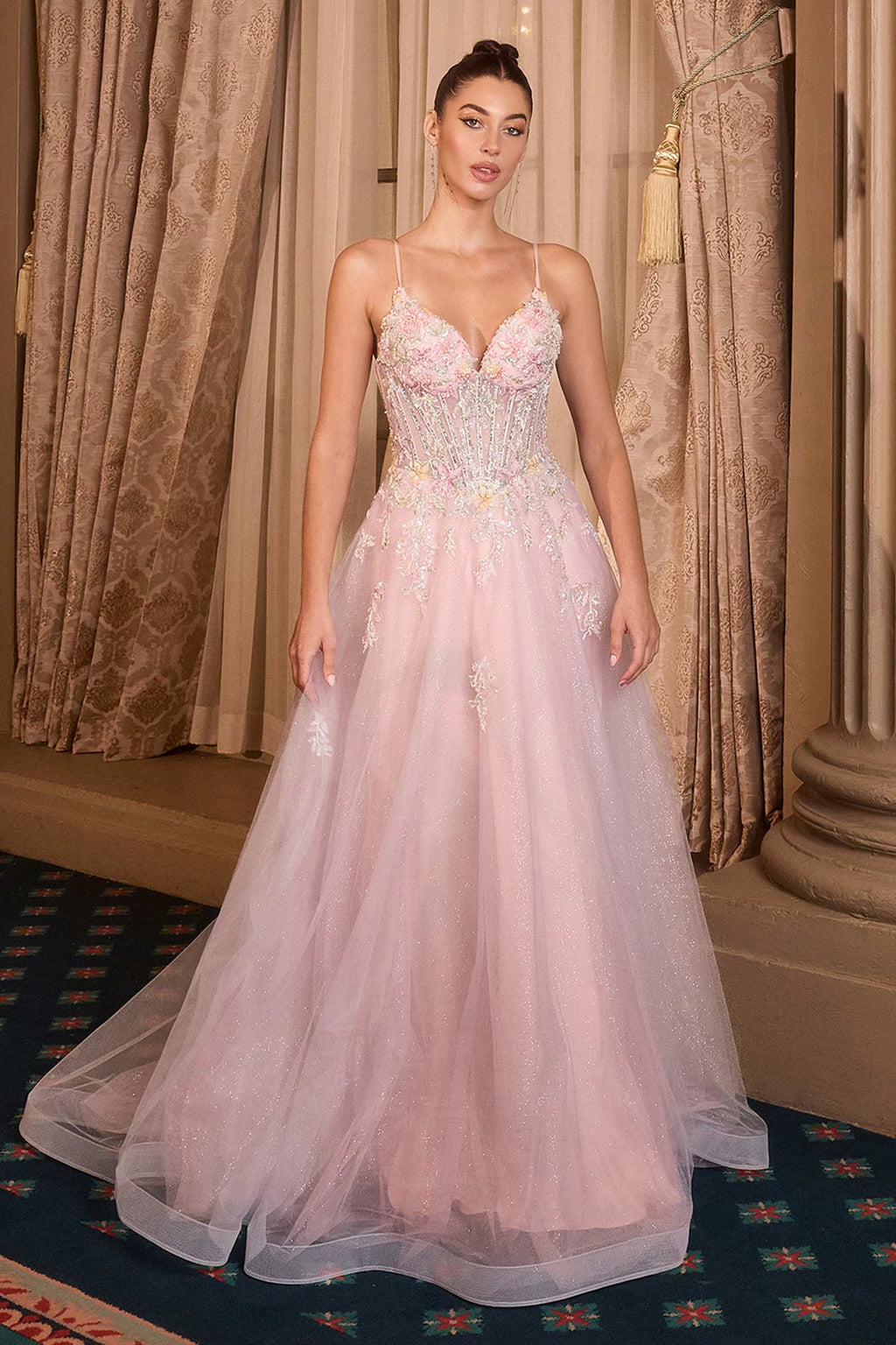 Light pink floral appliqué A-line ball gown with deep V-neck and spaghetti straps