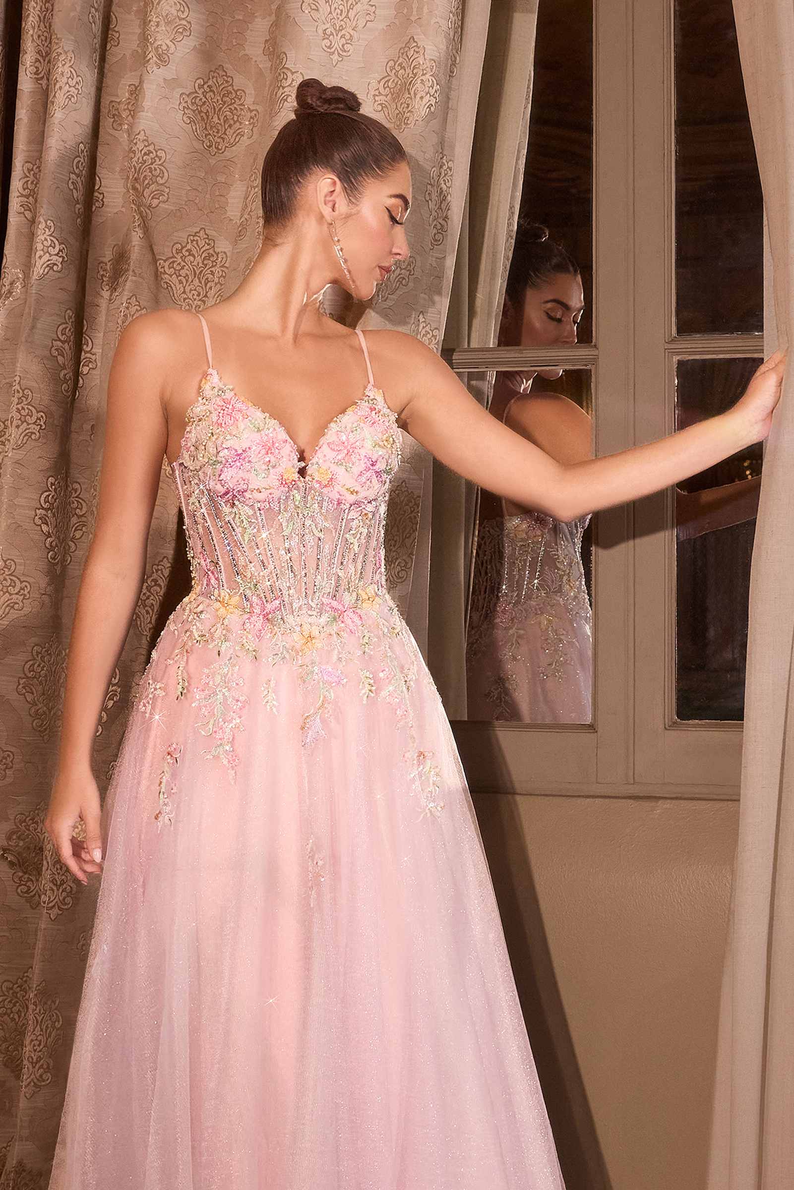 Light pink floral appliqué A-line ball gown with open V-back and thin straps