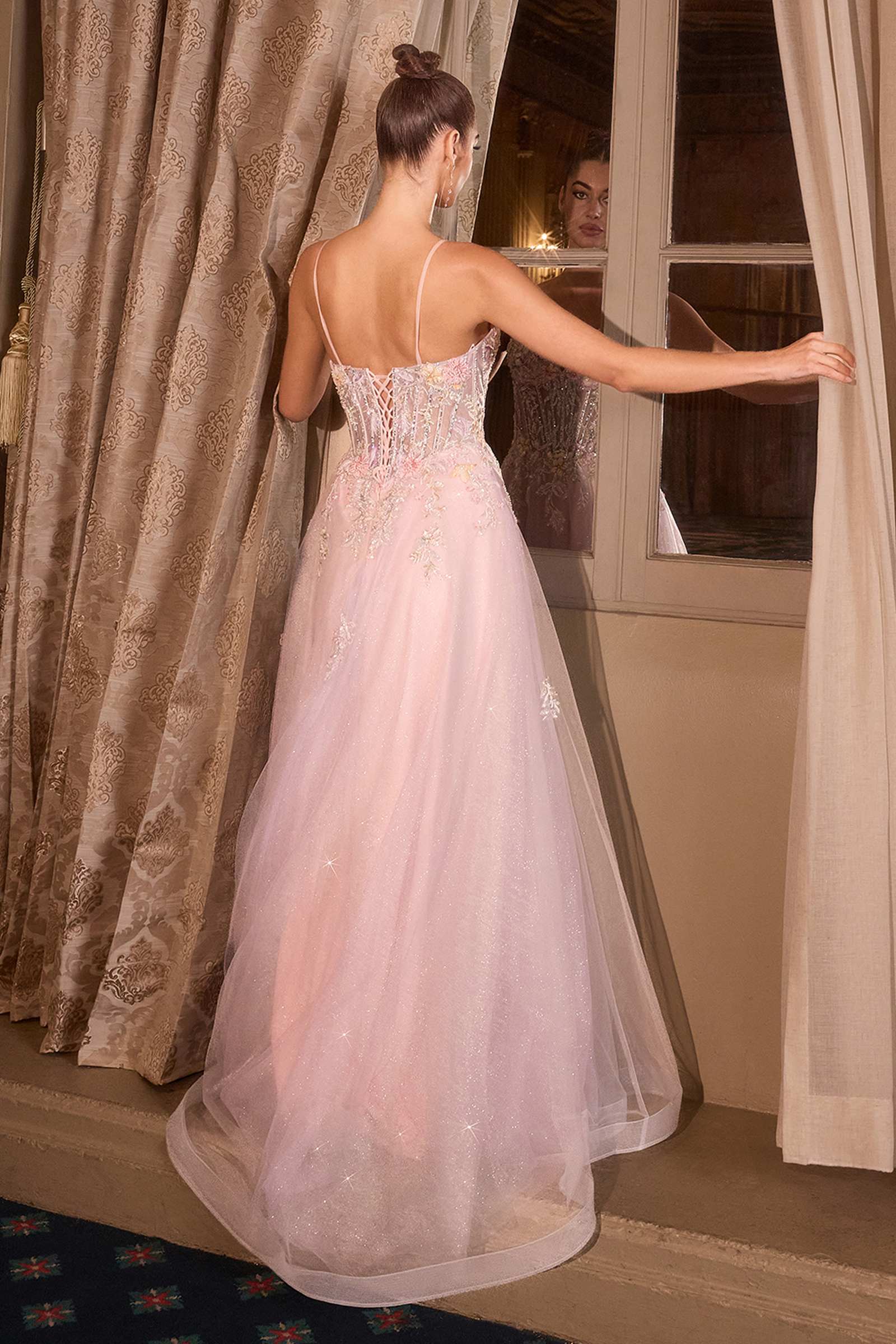 Light pink floral appliqué A-line ball gown, open back, spaghetti straps