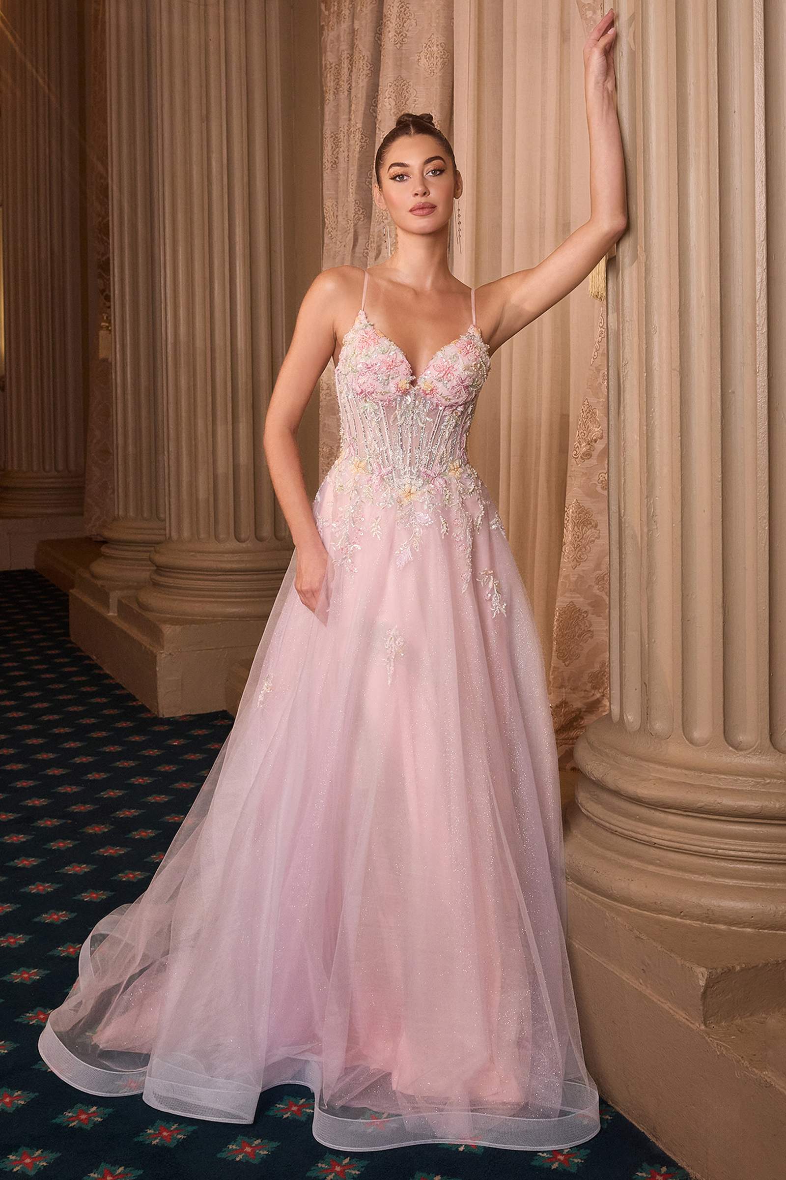 Light pink floral appliqué A-line ball gown with deep V-neck bodice