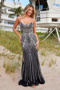 Sleeveless fully beaded fitted maxi dress in black with white concentric stripe beading