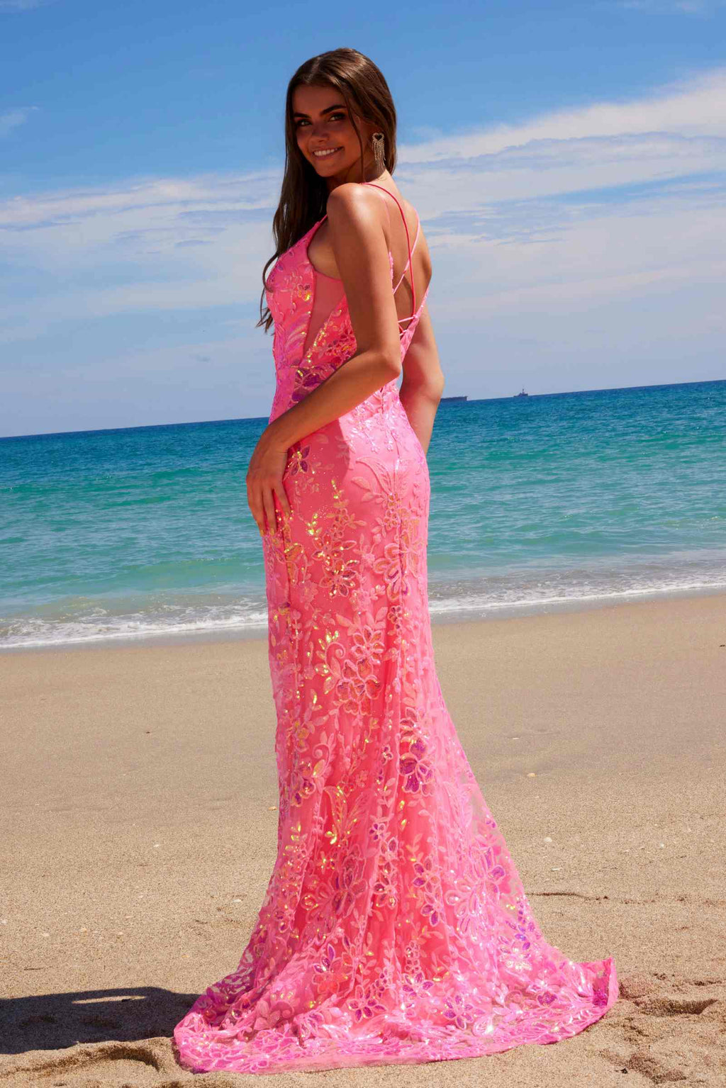 Hot pink deep V-neck sequined tulle floral maxi dress with fitted mermaid hem
