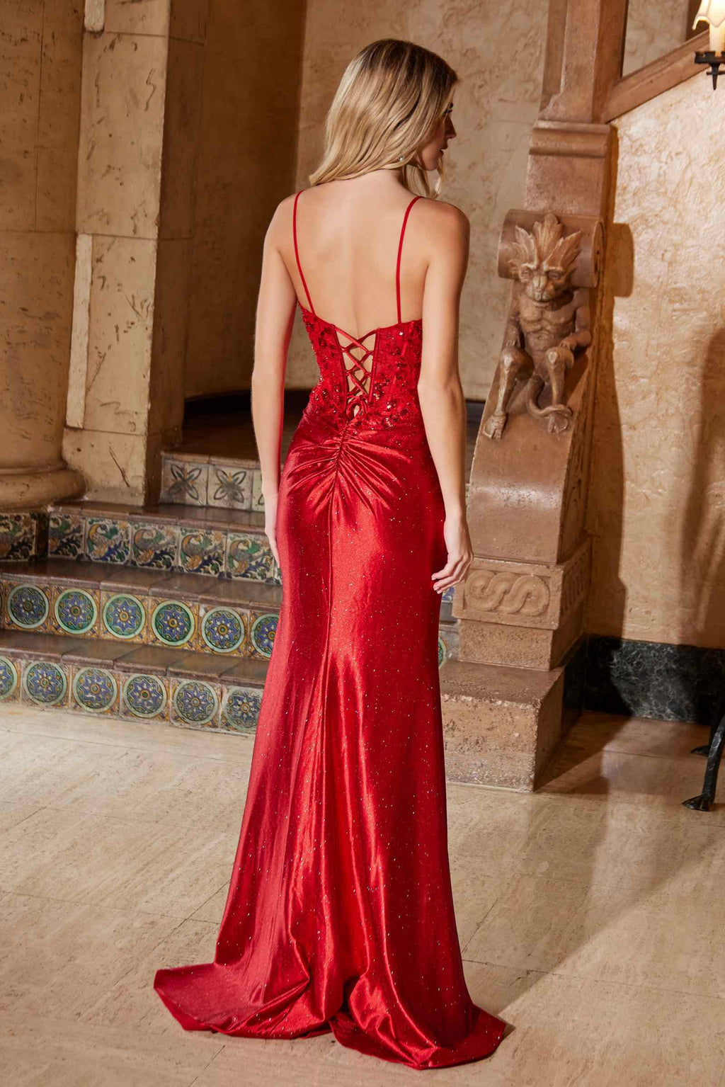 Red satin prom dress with crisscross lace-up back and front slit