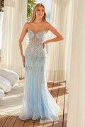Light blue sweetheart strapless fully beaded evening dress with sheer tulle skirt