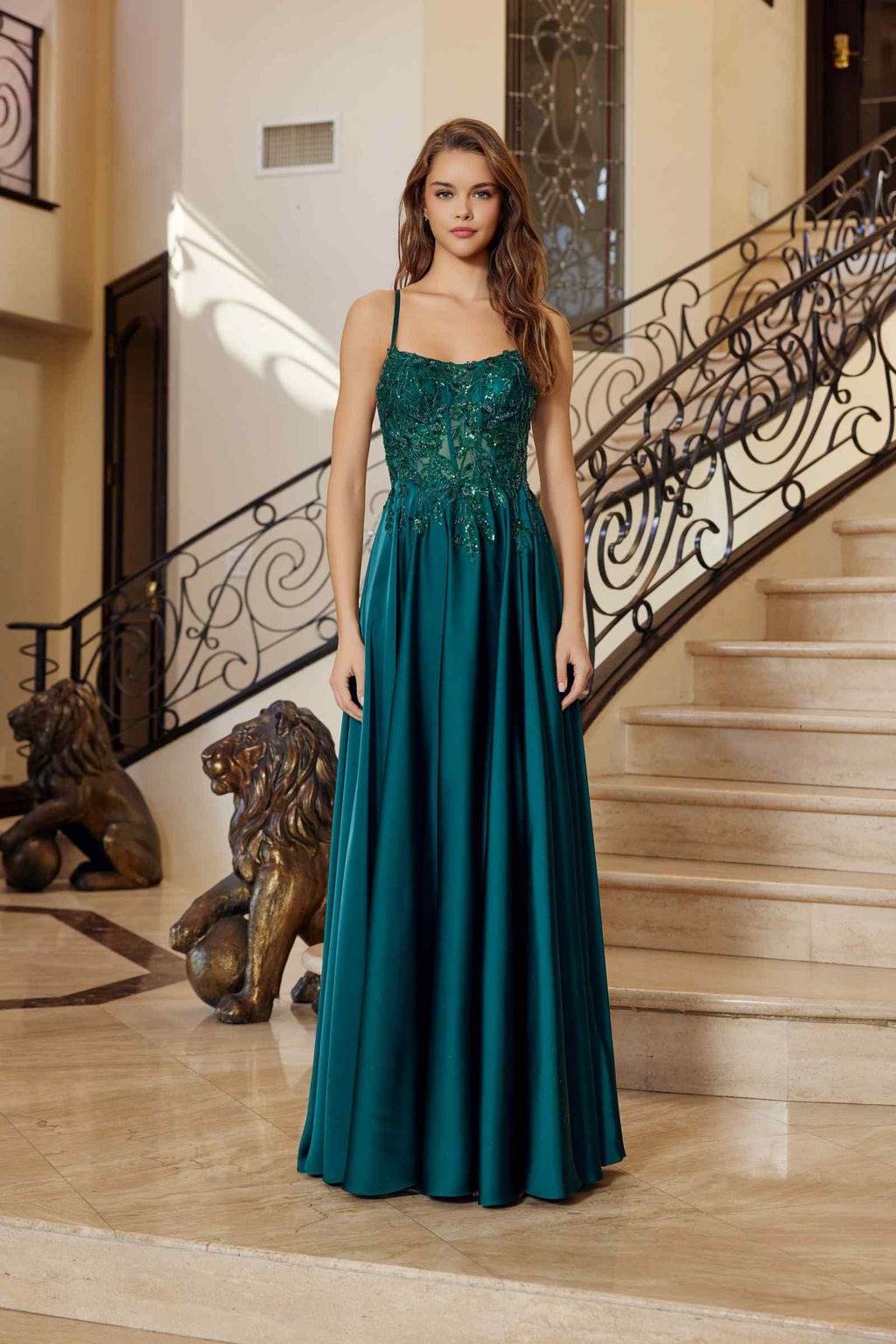 Emerald satin A-line dress, thin straps, gathered bodice, crisscross lace-up back