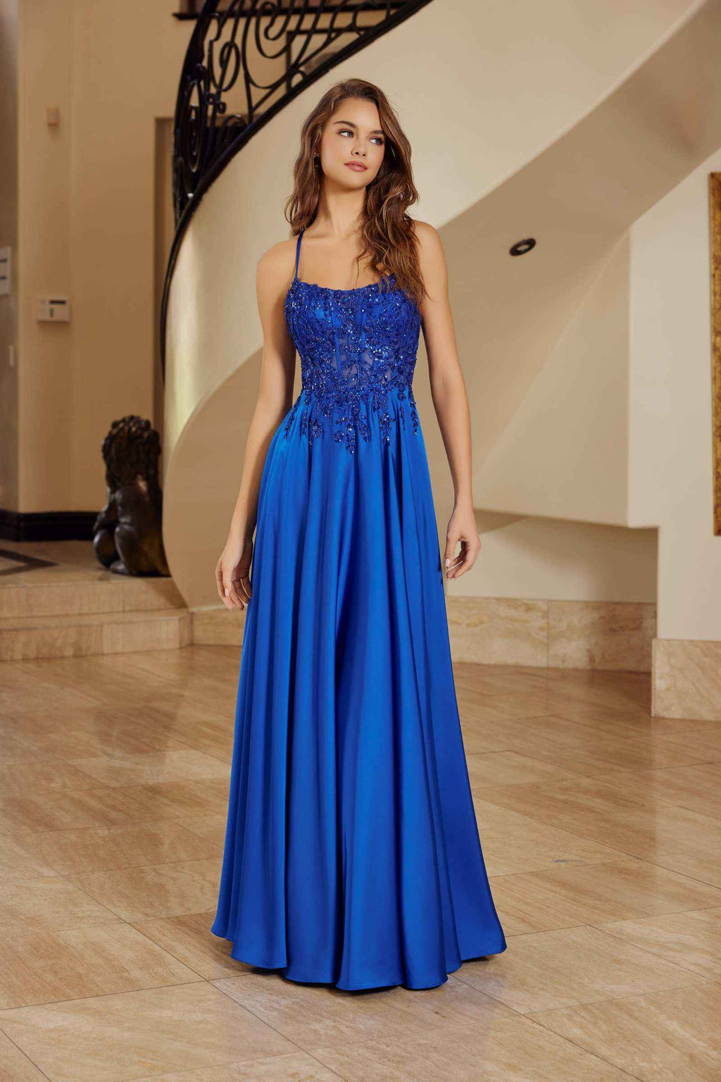 Royal blue satin A-line dress with thin straps and gathered waist