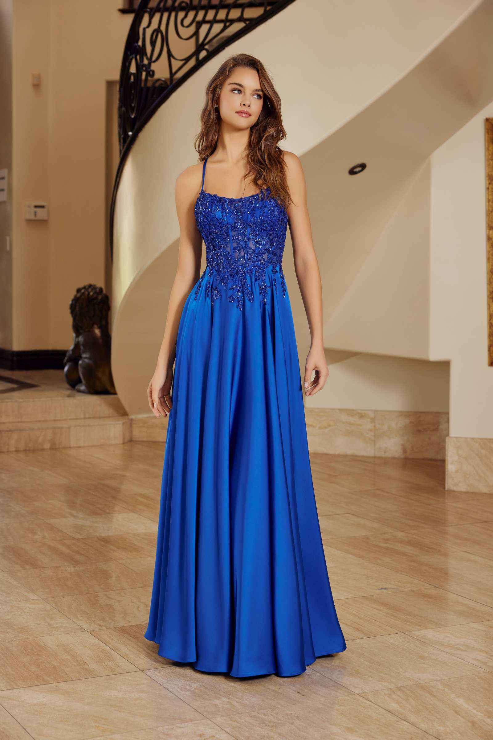 Royal blue satin A-line dress with thin straps and gathered waist