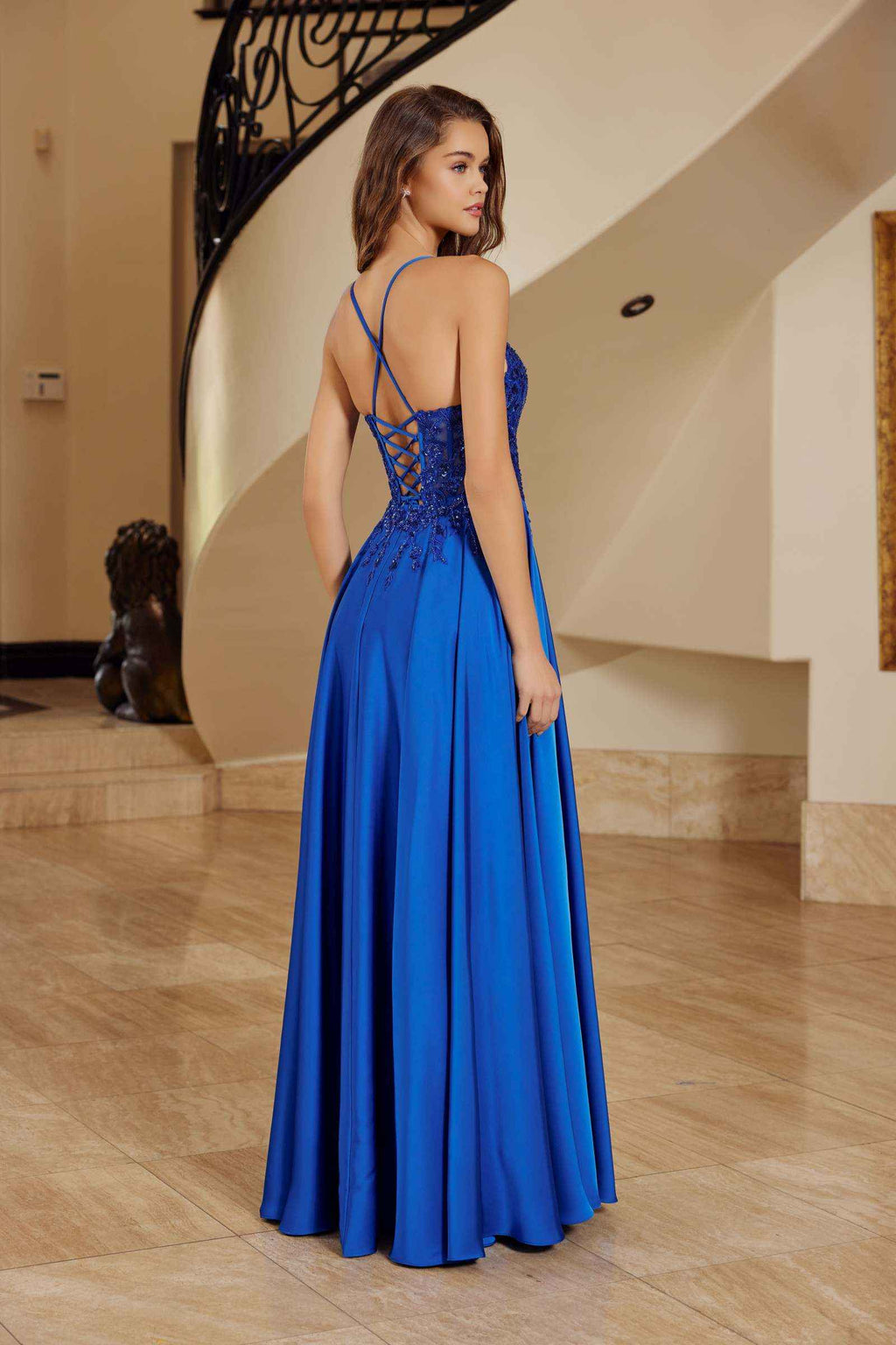 Royal blue satin A-line dress with crisscross open-back and thin shoulder straps