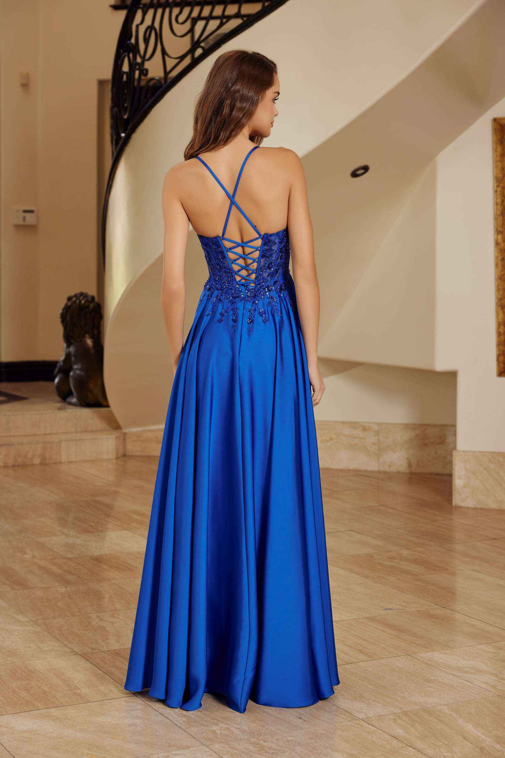 Royal blue satin A-line dress with crisscross lace-up back and thin shoulder straps