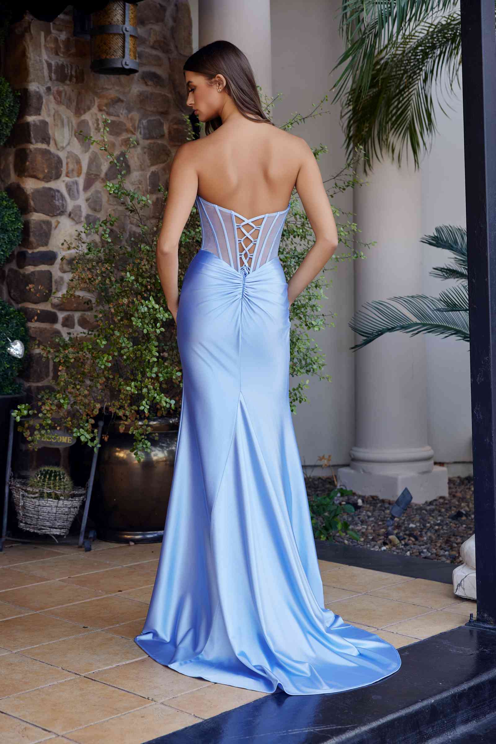 Light blue strapless satin prom gown with corset back crisscross detail