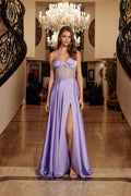 Lilac strapless A-line corset prom dress with sweetheart neckline and front slit