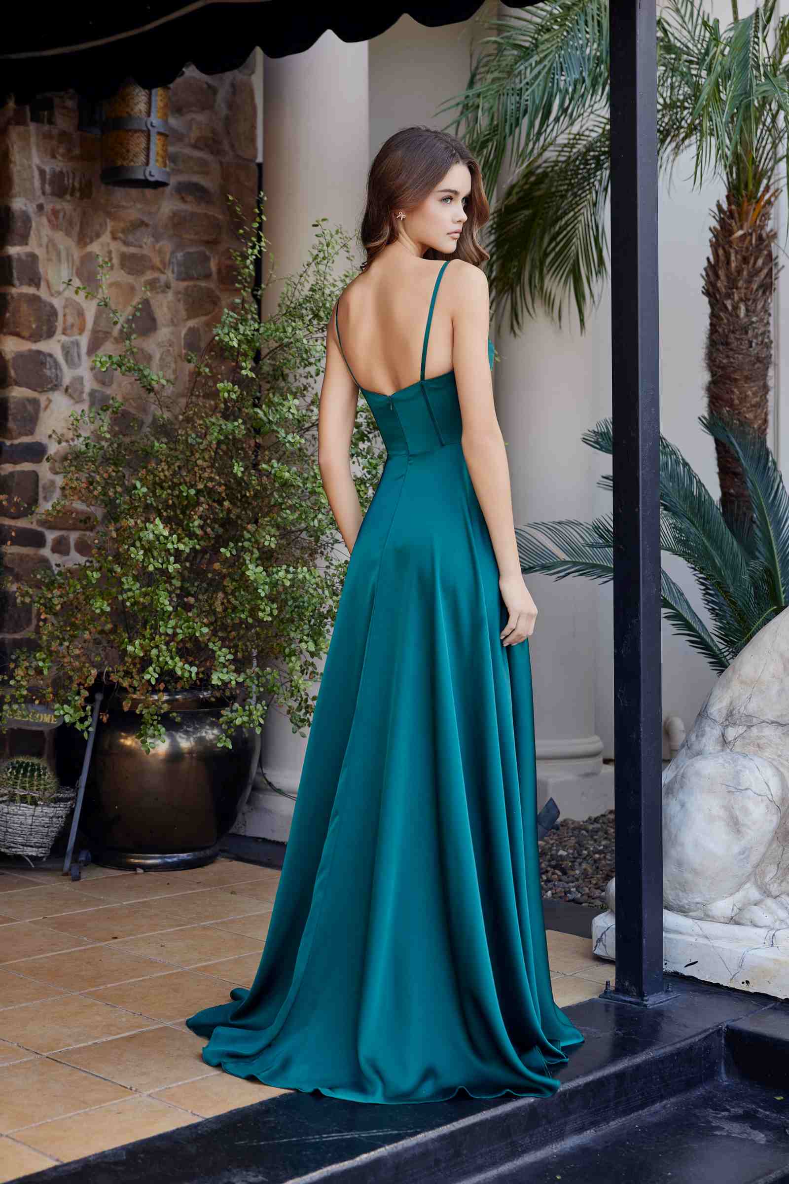 Teal stretch satin A-line evening dress with spaghetti straps and side slit