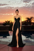 Black sweetheart plunge V-neck satin dress with front thigh slit and thin straps