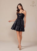 Black metallic A-line short dress with sweetheart bodice and spaghetti straps