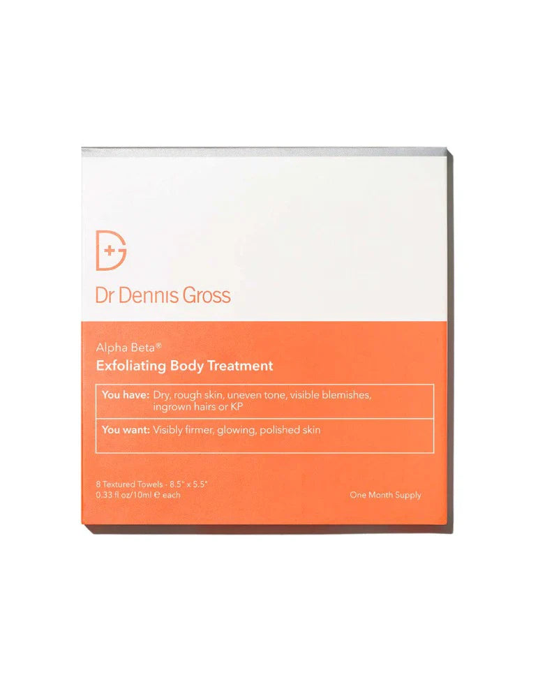 Exfoliating body treatment box, orange label, Dr. Dennis Gross logo