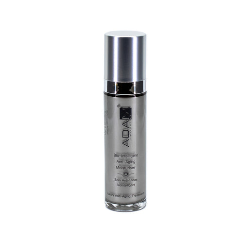 Silver ADAM REVOLUTION anti-aging moisturizer bottle with metallic cap, 1.7 oz