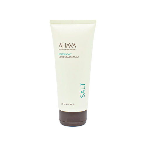 AHAVA Liquid Dead Sea Salt tube, pale cream with SALT text, 6.8 fl oz