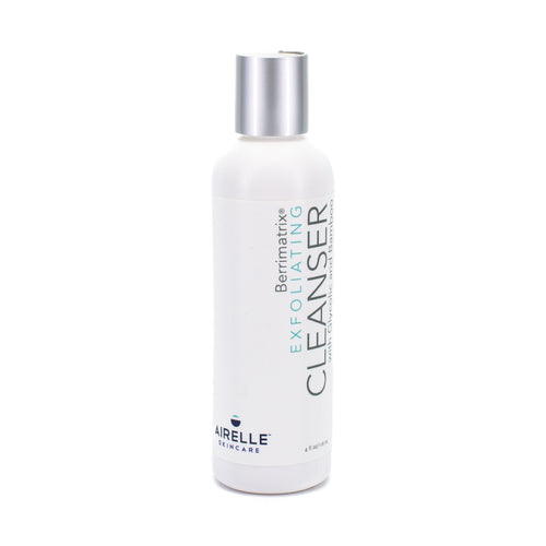 AIRELLE exfoliating cleanser bottle with silver pump cap, white plastic, 4 oz