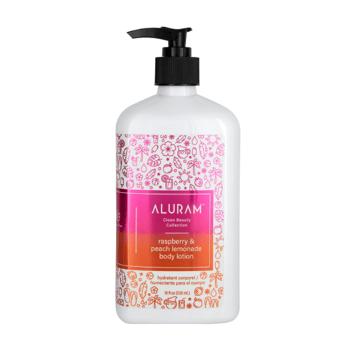 Aluram body lotion bottle with pump, raspberry & peach lemonade label
