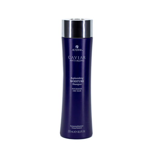 ALTERNA Caviar anti-aging replenishing moisture shampoo bottle, dark purple with silver cap