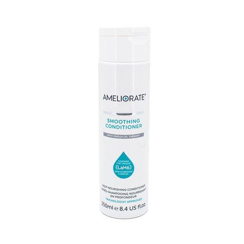 AMELIORATE smoothing conditioner bottle, 8.4 oz, white label with blue accents