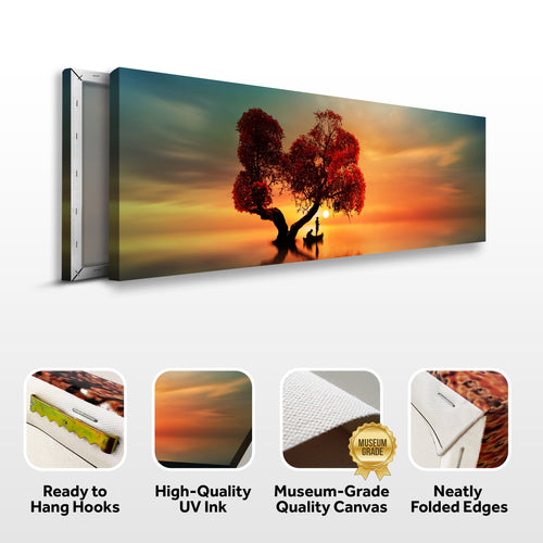 Lone tree canvas wall art in landscape panel with sunset sky and birds