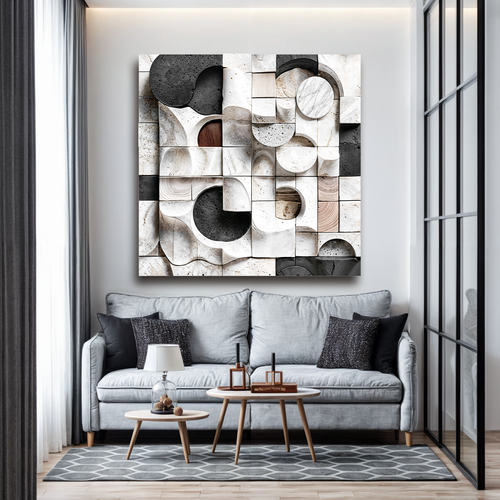 Square abstract wall sculpture art featuring black and white curved blocks and circles