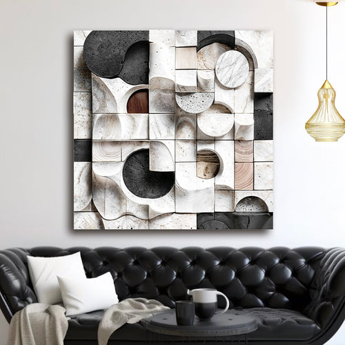 Square abstract wall sculpture art with black and white stacked circular relief shapes