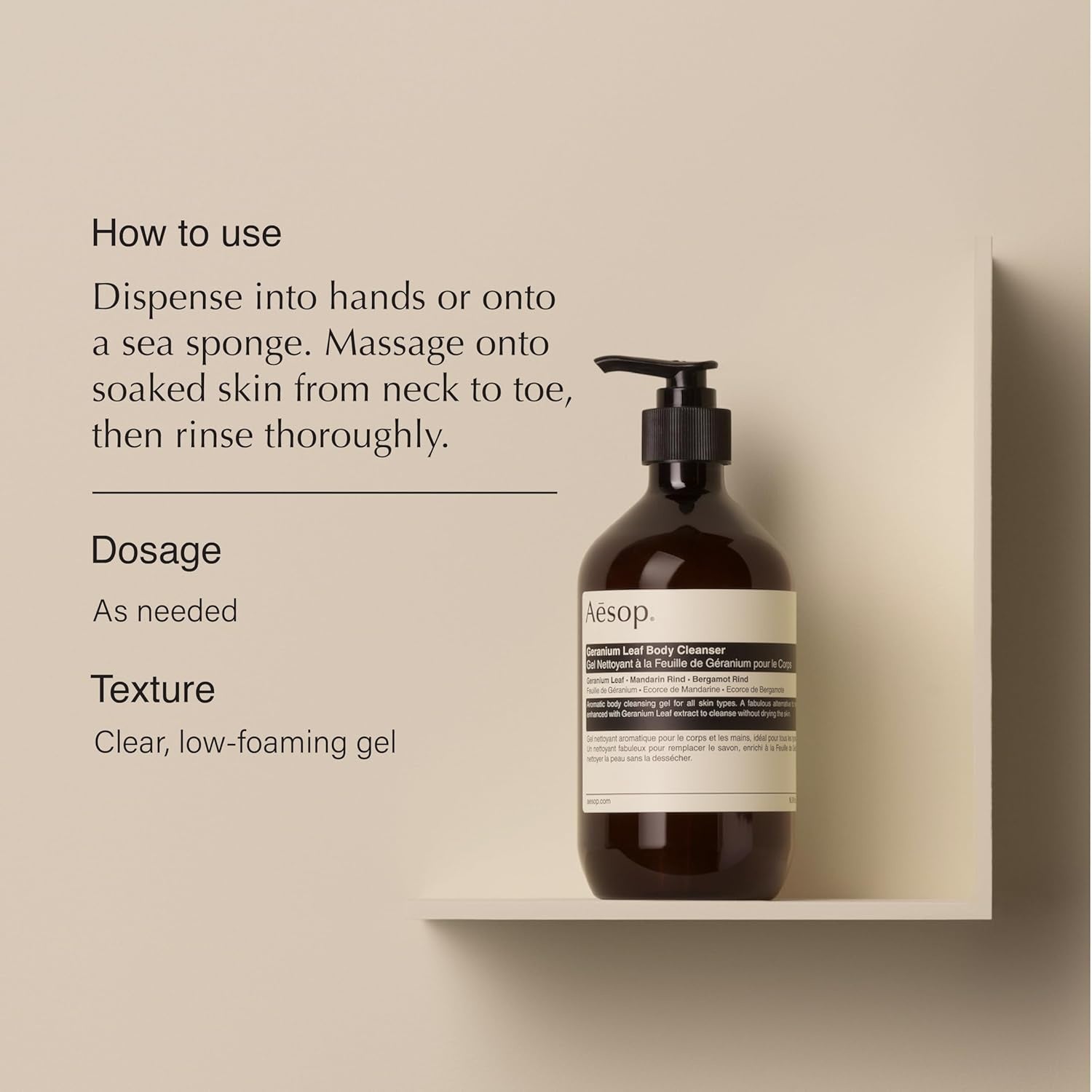 Body cleanser bottle with pump, displayed with a how-to information panel