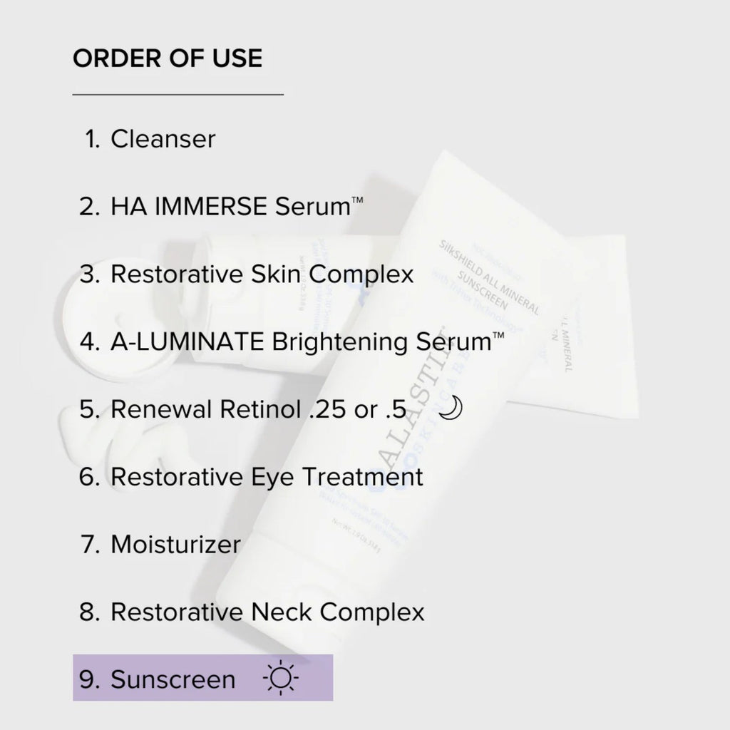 Sunscreen highlighted in order-of-use list on skincare routine card