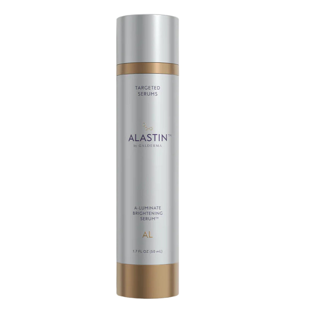Alastin A-LUMINATE brightening serum bottle, silver with gold band, 1.7 oz.