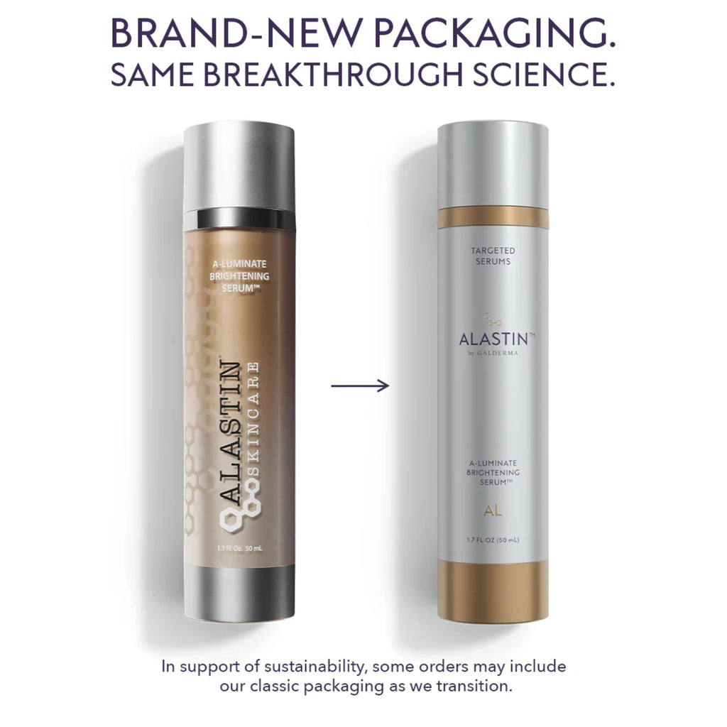 Alastin A-LUMINATE brightening serum bottle, silver and gold, shown as two packaging styles.