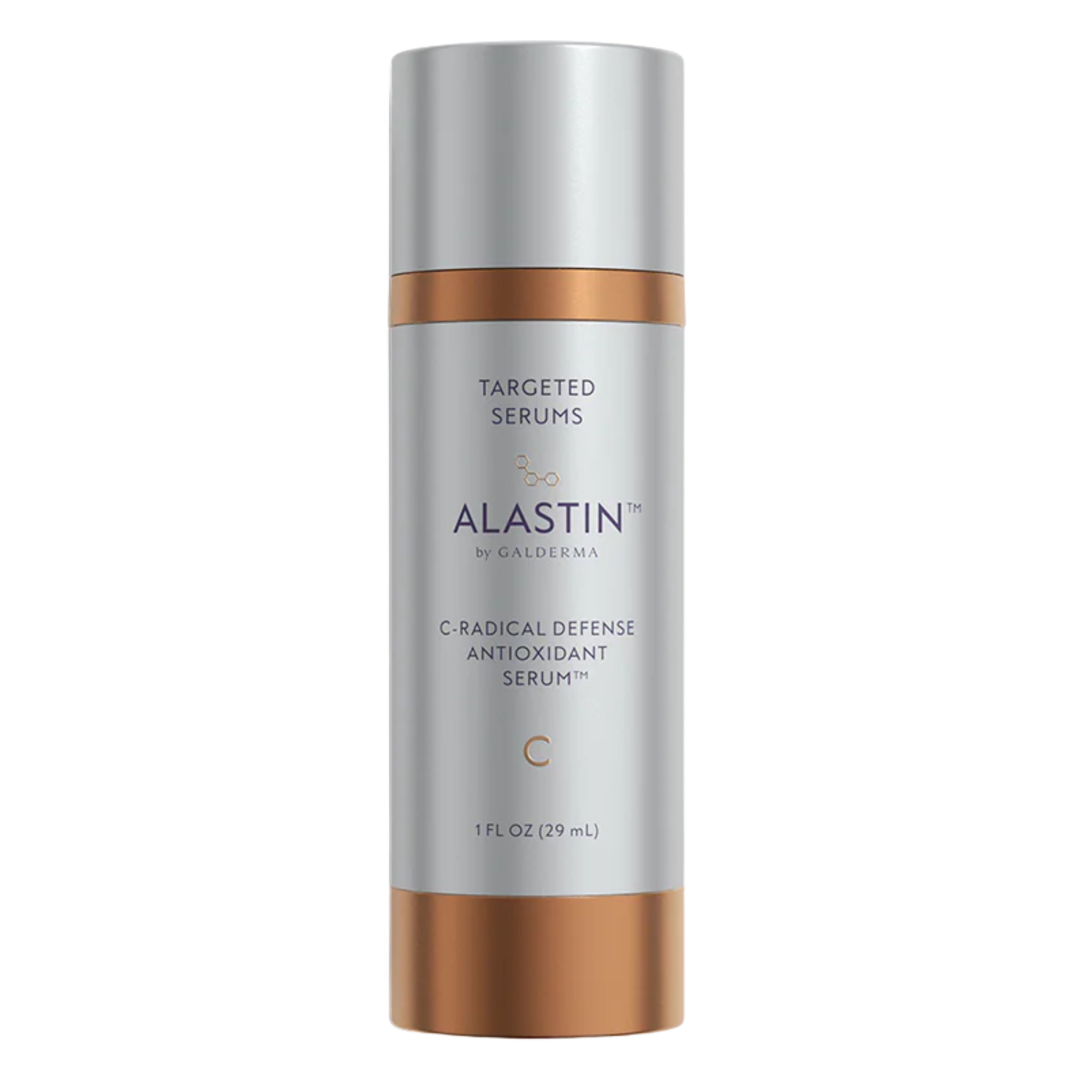Alastin C-Radical Defense antioxidant serum bottle, 1 oz, silver with copper bands
