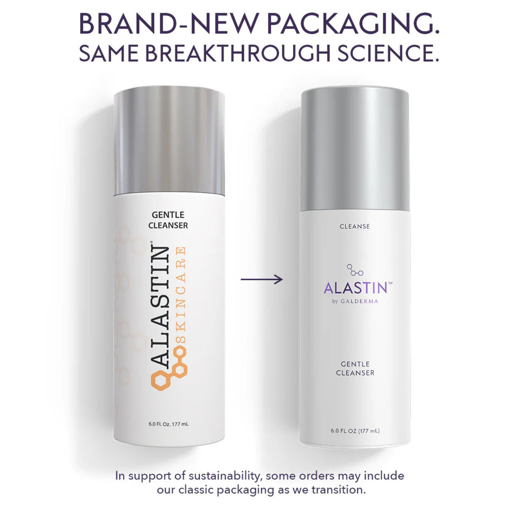 Gentle Cleanser bottle pair with new packaging and arrow, 6 oz